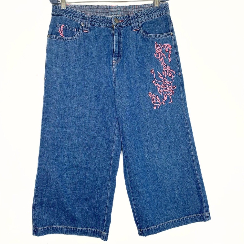 Vintage Women's Jeans Size 8 Cropped Wide Leg‎ Pink Embroidered Y2K Dopamine